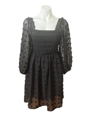 NWT ZCSIA Swiss Dot Smocked Babydoll Dress Black Sheer Gothic Cottagecore S